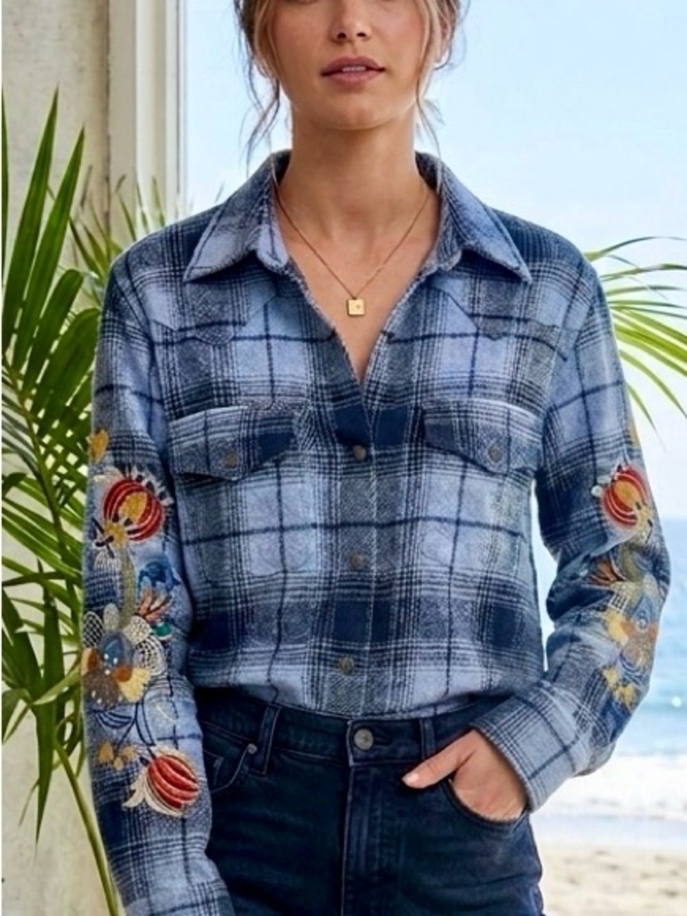 Avanti Blue and Navy Artsy embroidered Shirt